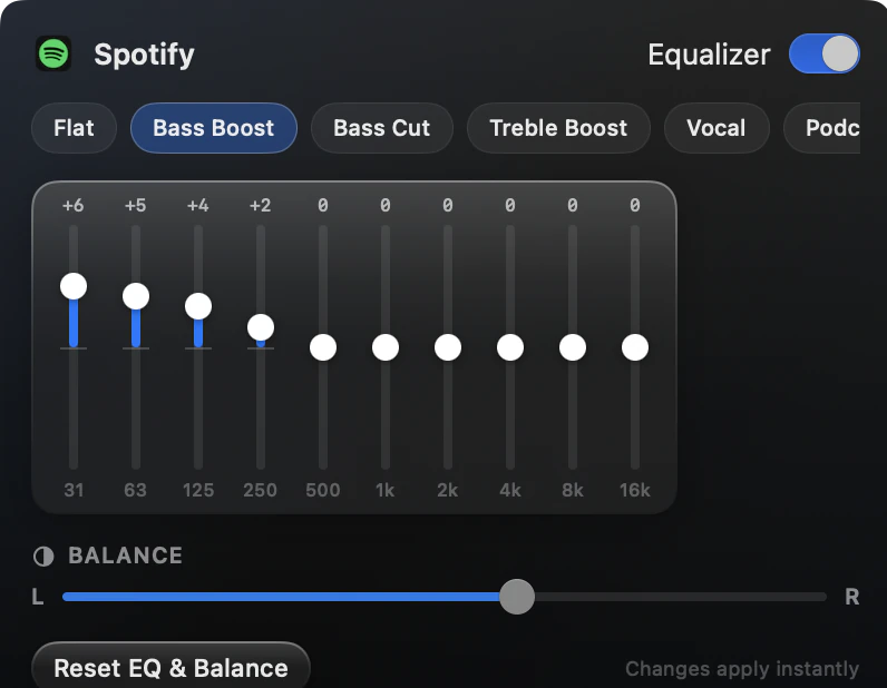 SoundDial 2.0 equalizer for Spotify: Bass Boost preset on ten bands from 31 Hz to 16 kHz, with a left-right balance slider. Cropped at the right edge.