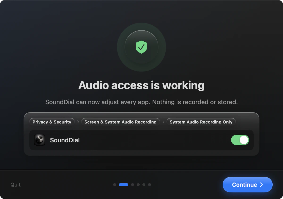 SoundDial 2.0 guided setup, page two of six: Audio access is working, with the System Audio Recording Only switch turned on for SoundDial. Empty space in the middle of the window removed.