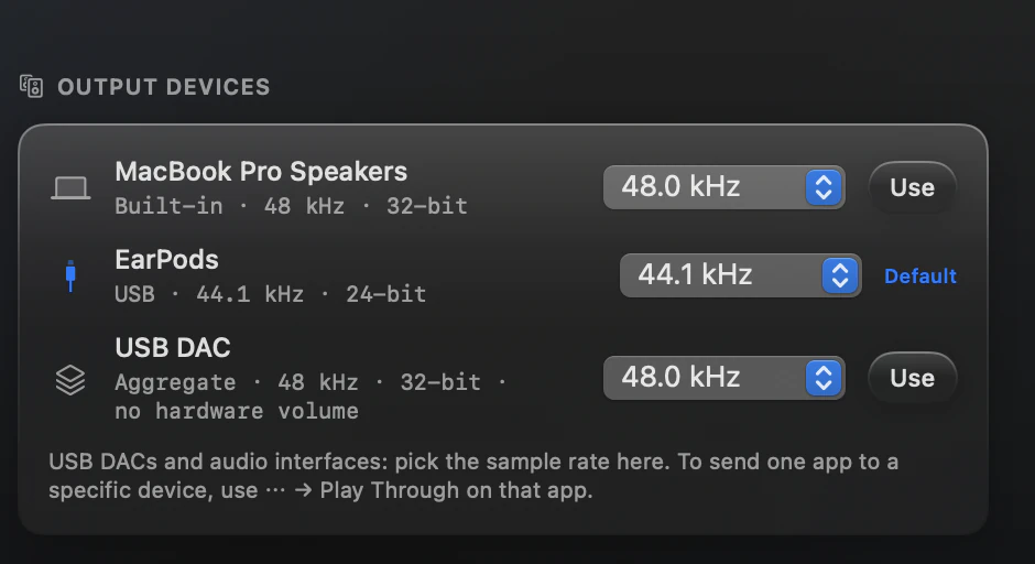 SoundDial 2.0 settings, Output Devices: sample-rate menus for MacBook Pro Speakers, EarPods and a USB DAC with no hardware volume. Cropped from the settings window.