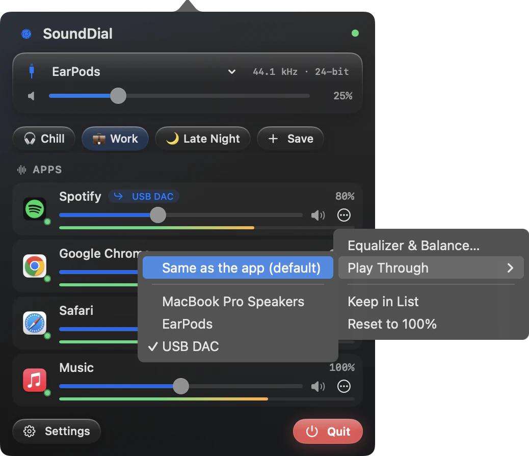 SoundDial 2.0 Play Through menu: Spotify plays through a USB DAC while other apps stay on the default output.