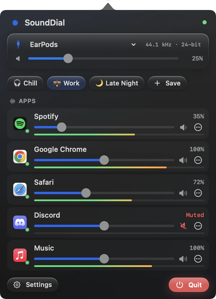 SoundDial 2.0 menu-bar window: EarPods output at 25%, profiles Chill, Work and Late Night, and sliders for Spotify, Google Chrome, Safari, Discord (muted) and Music.