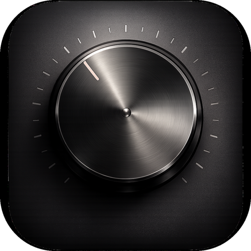 SoundDial app icon: a brushed-metal volume dial with a scale of tick marks on a dark rounded square.